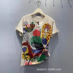 2024 Cartoon Printed T Shirts Women Clothes Vintage Style Casual Short Sleeve Slim Fit Tee Femme Camisetas De Mujer Para Verano