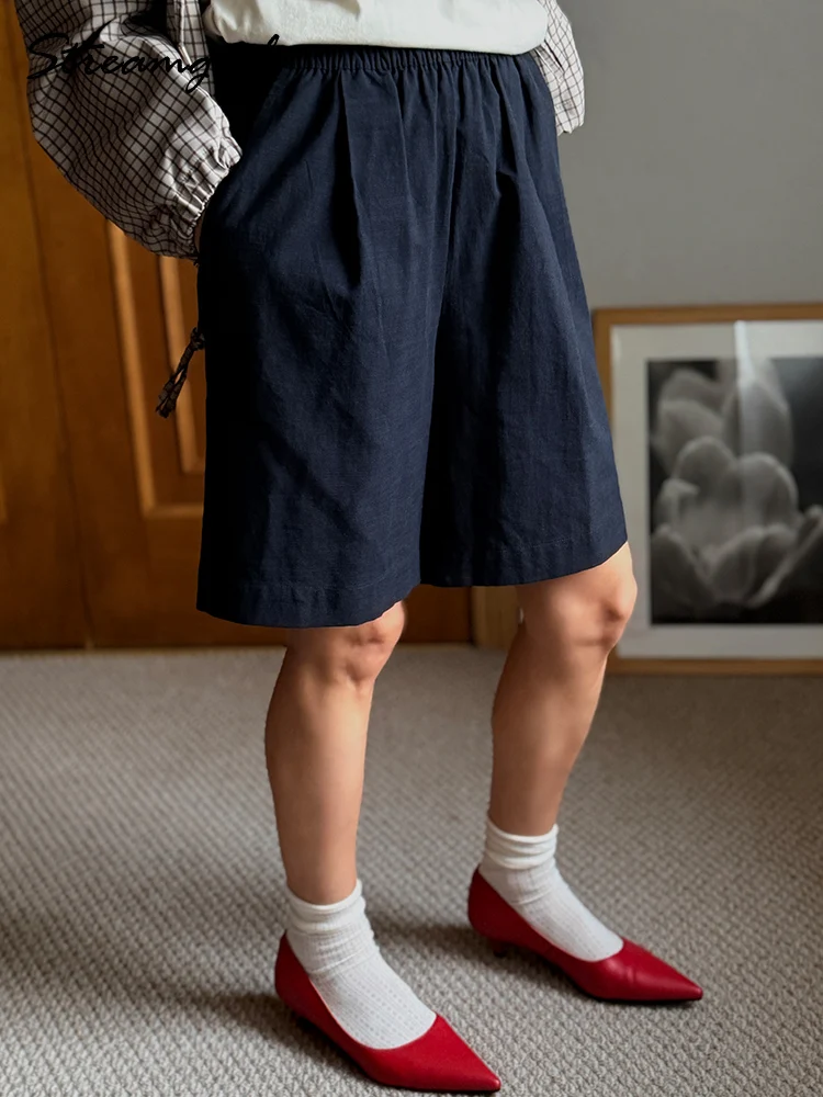 Summer White Bermuda Shorts For Women Loose A Line Lyocell Long Shorts Baggy Lady High Waist Women's Navy Wide Leg Shorts Cotton