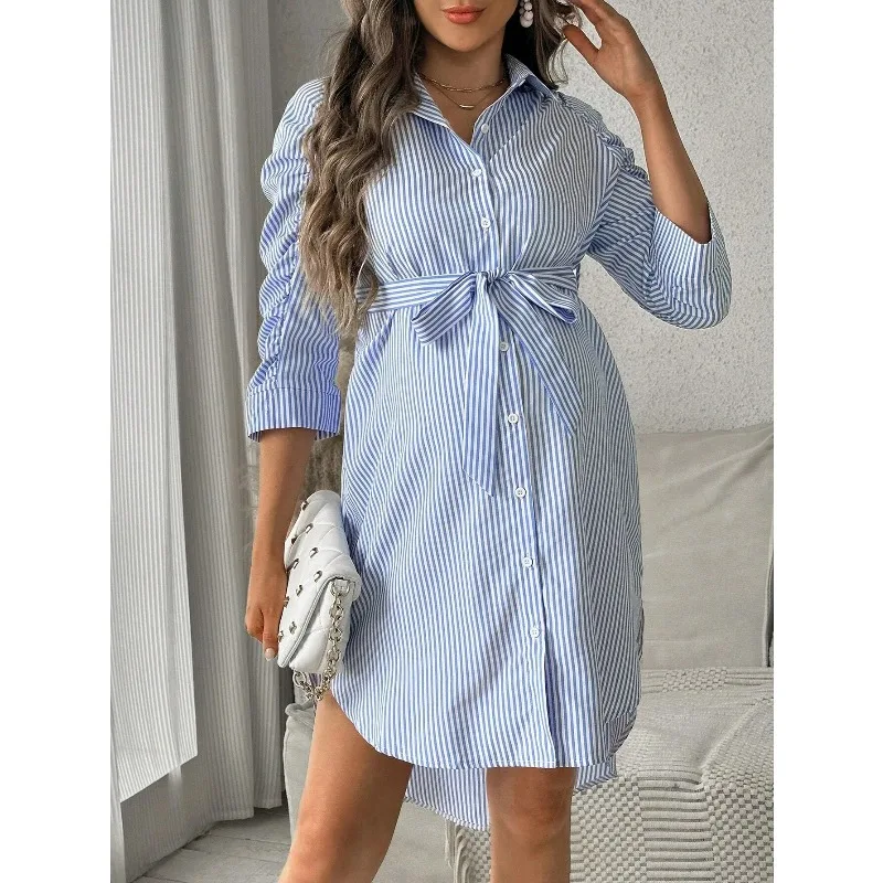 

Одежда для беременных: платья, юбки, рубашки с отложным воротником на пуговицах, повседневные плиссированные юбки, рубашки с рукавом три четверти, весенние комбинезоны