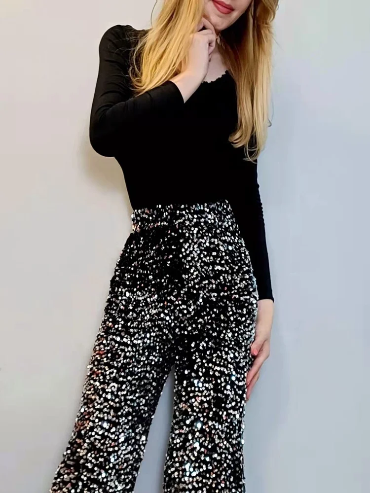 The New Women's Fashion Trendy Sparkling Gold Pants Relaxation of Tall Waist Wide-legged Pants Women's South Korean Style