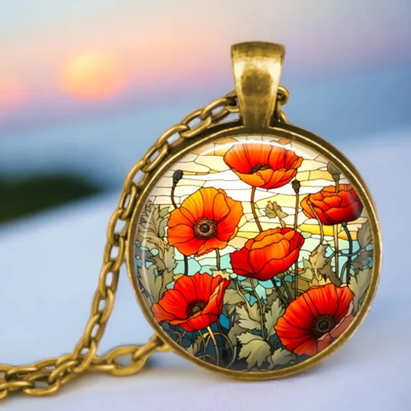 Vintage Antik vergoldete bunte süße Erbsenblume Glas Anhänger Halskette für Frauen Schmuck – Detail 2