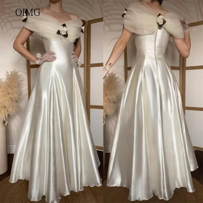 OIMG Elegante al largo della spalla Una linea Abiti da ballo Fiori in raso Abito da festa Lunghezza pavimento Abito da sera Abiti da gala Personalizzato
