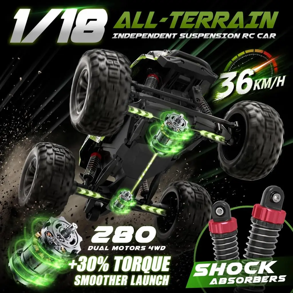 1/18 Monster Truck All Terrain 4WD, 38KPH RC Cars for Boys Age 8-12 | 2 * 2S Batteries for 50min, Three Dazzling Lights, Sealed