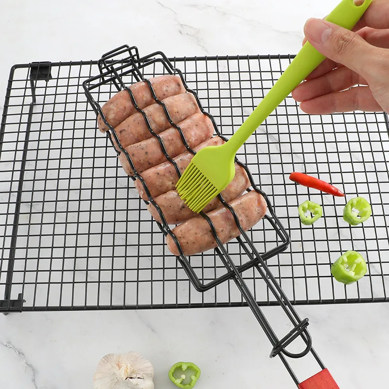 Removable Sausage BBQ Net, Wooden Handle Hot Dog BBQ Non-stick BBQ Clip Outdoor Fire Sausage Net