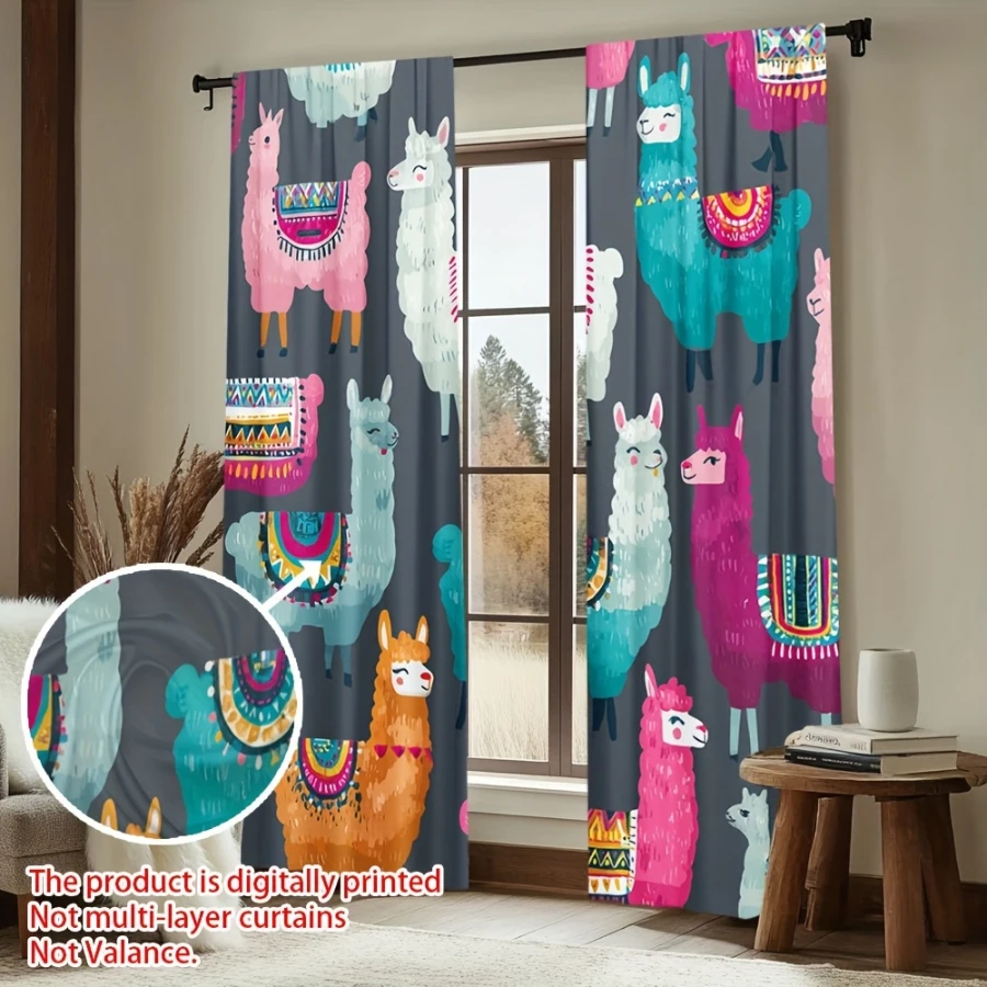 2PCS Digital Print Curtains, Colorful Alpaca, Cute Kids