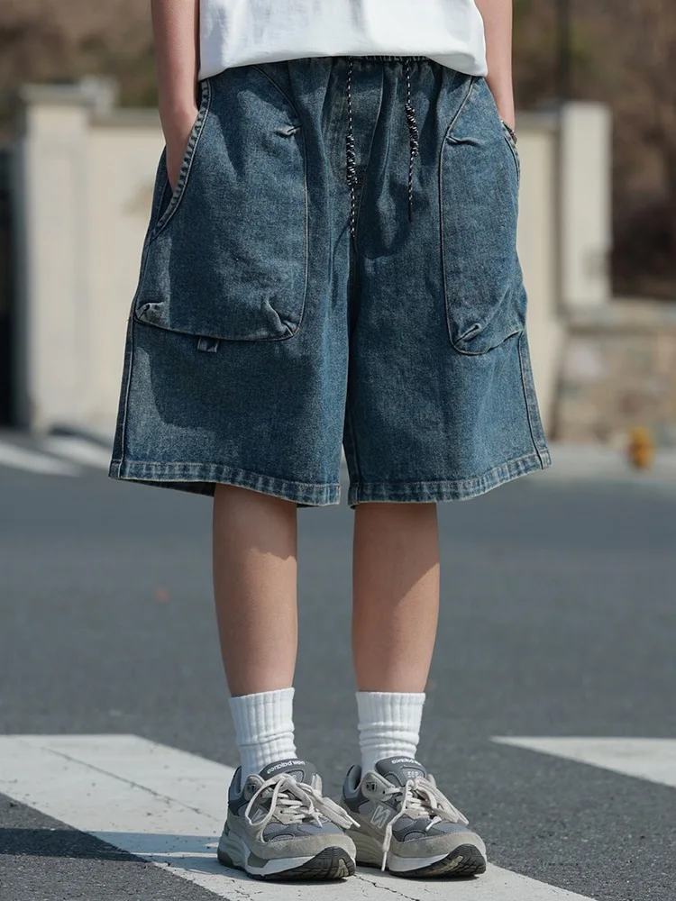 

Summer Washed Denim Shorts Wide Leg Loose Fit with Big Pockets Casual Versatile Five-Quarter Pants for Teen Boys