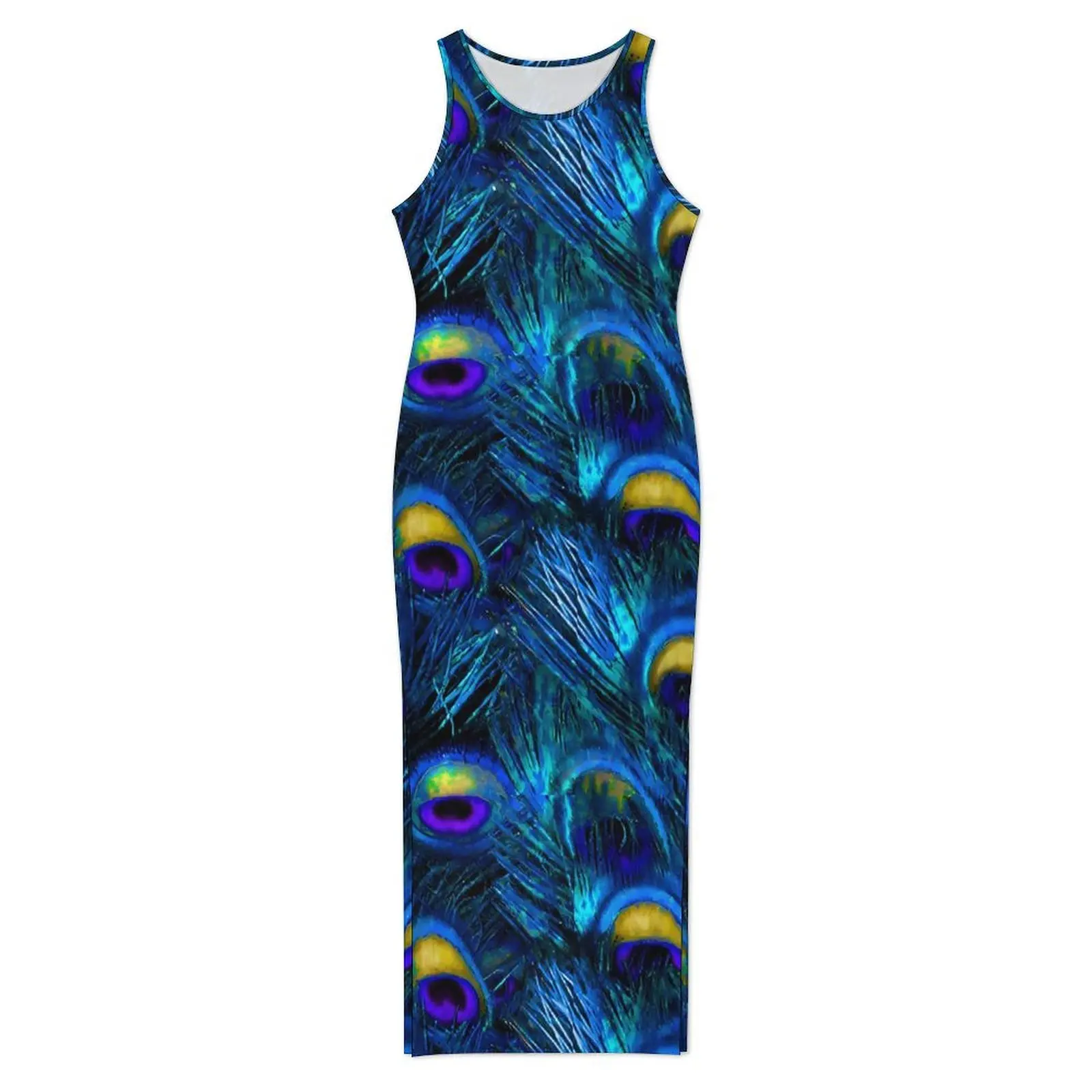 Woman Bodycon Dress Pretty Peacock Feather Maxi Dresses Summer Animal Print Sleeveless Street Wear Graphic Dress Big Size 4XL