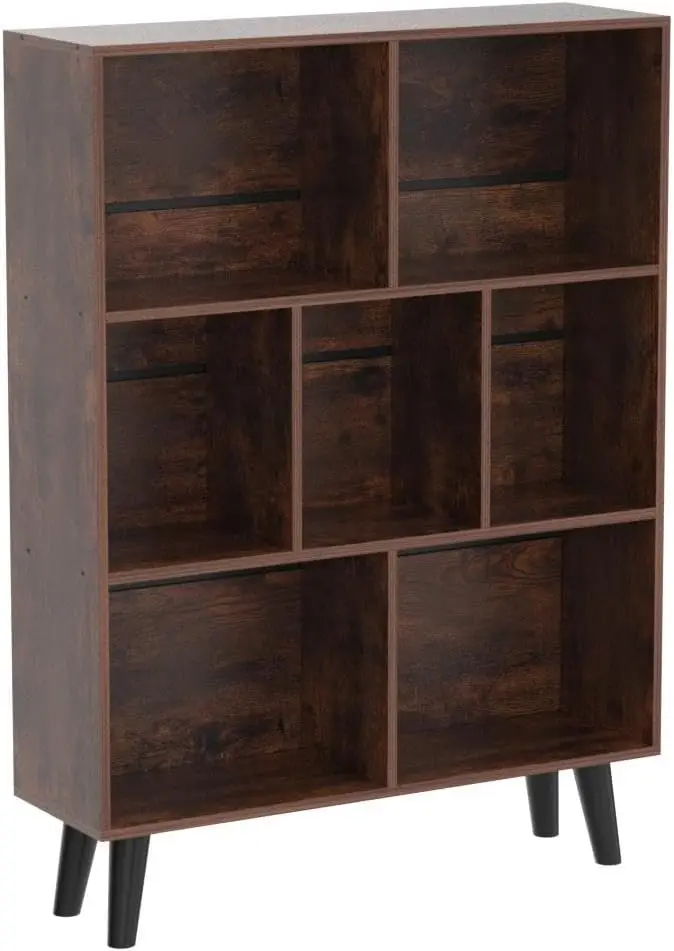 

LEYAOYAO Cube Bookshelf 3 Tier Mid-Century Rustic Brown Modern Bookcase with Legs,Retro Wood Bookshelves Storage Organizer