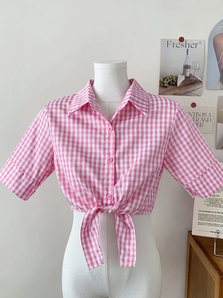 

Sexy Cropped Plaid Shirt Women Slim Preppy Style Short Sleeve Design Blouse Fashion Lace Up Sweet Summer Lady Korean Casual Tops