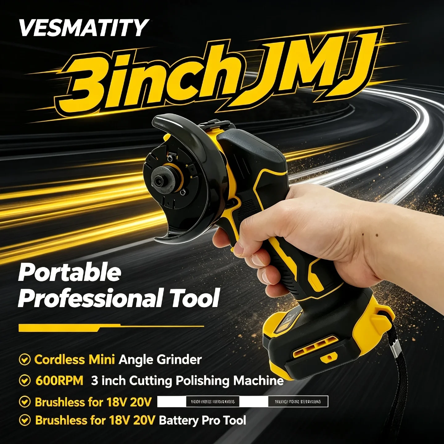 VESMATITY 3inchJMJ Cordless Mini Angle Grinder 6000RPM 3 Inch Cutting Polishing Machine Brushless for 18V 20V Battery Pro Tool
