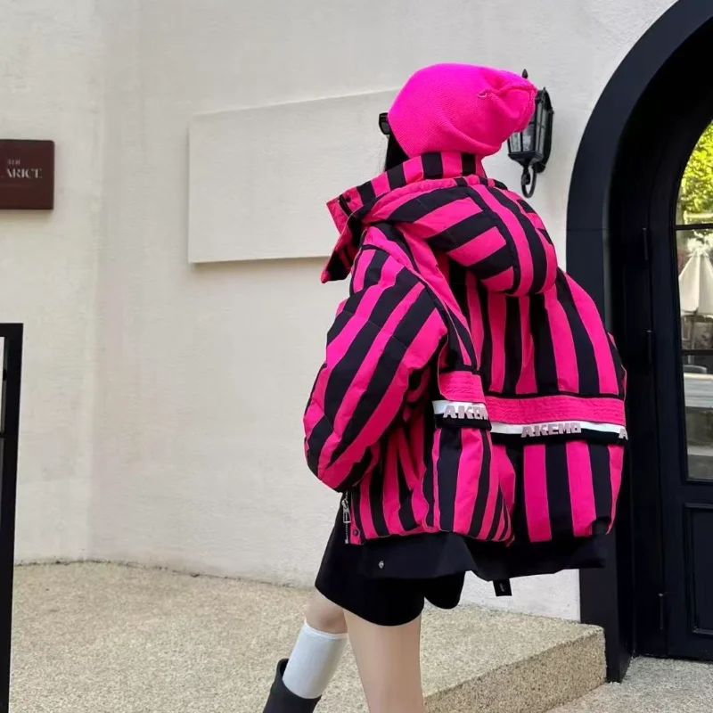 ストライプショートダウンジャケットレディースフード付きメイラードブレッドジャケット韓国人気服レディースコート