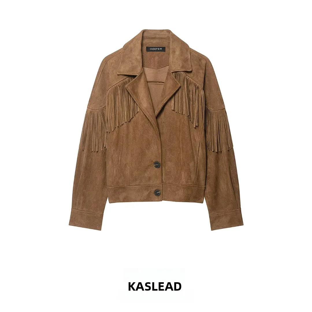 KASLEAD Women's Fringed Jacket Velvet Texture Outerwear Long Sleeve Polyester Fiber Button Closure Autumn Fashion 2026