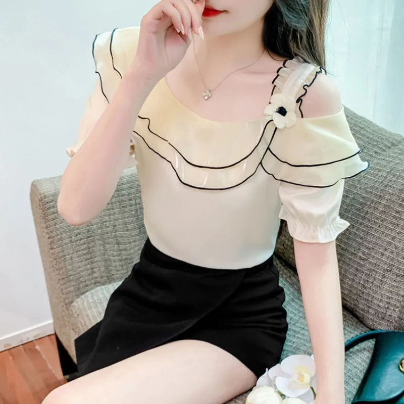 2024 Summer Off Shoulder Patchwork Ruffles Slash Neck Tie Flowers Short Sleeve Pullover Shirt Women\'s Loose Chic Chiffon Blouses