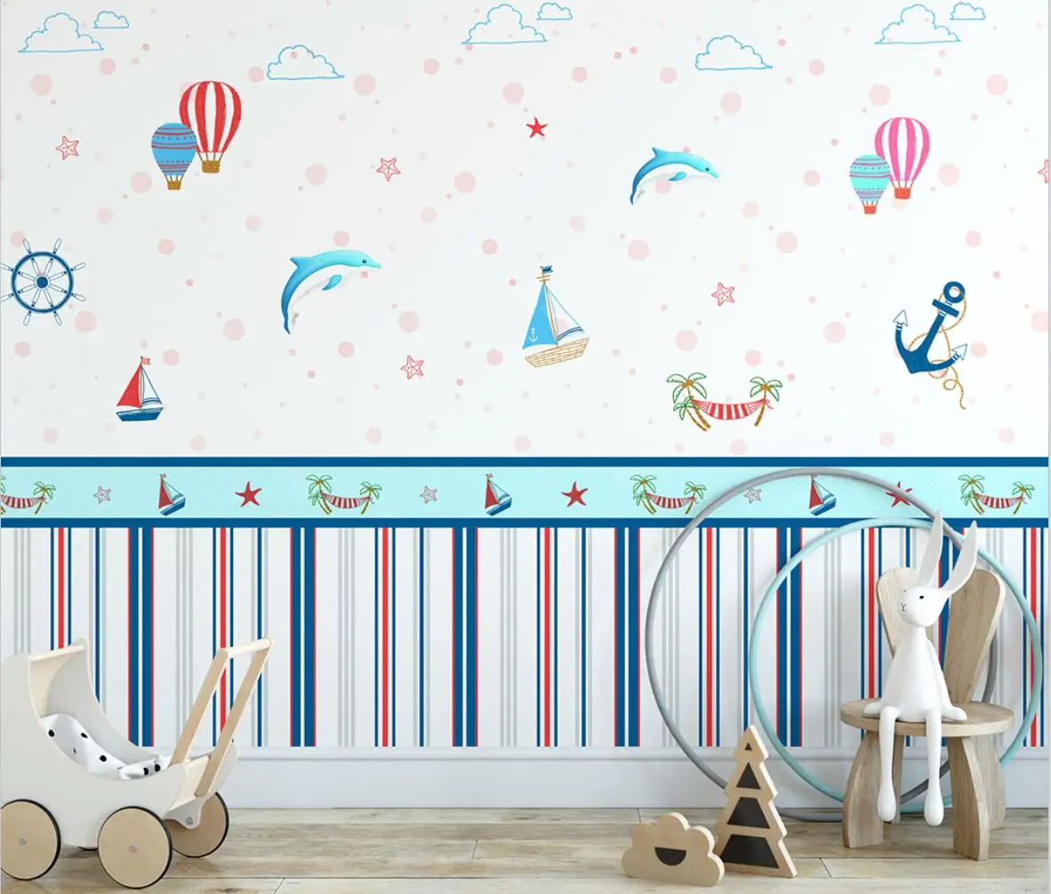 custom mural wallpaper for bedroom walls Cartoon nautical clouds hot air balloon dolphin sailboat wallpaper for children's room