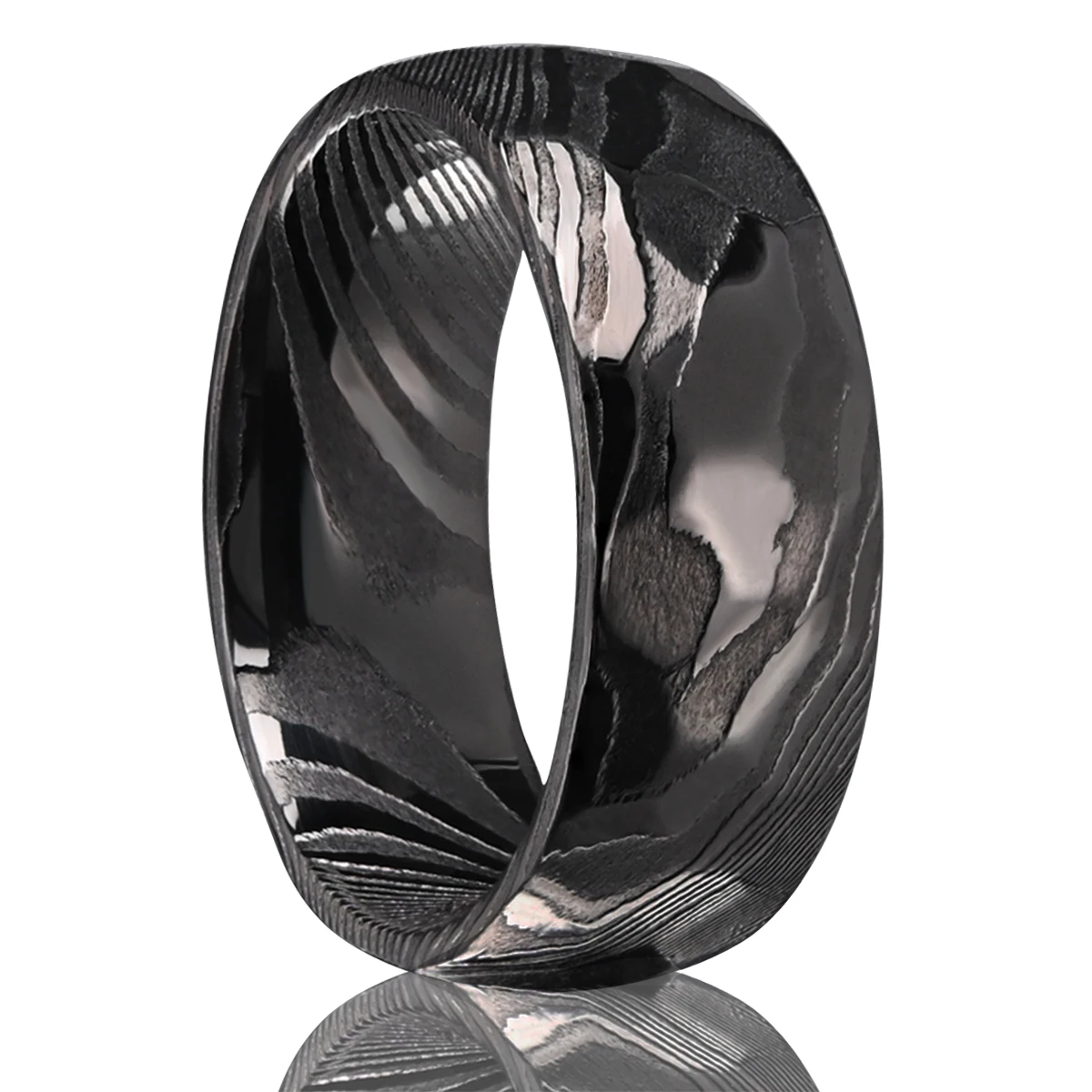 Black Damascus Steel Ring, Black Hammered Ring, Men's Wedding Band, Faceted Wedding Ring, Men's Ring, 8MM Ring, Anniversary Gift
