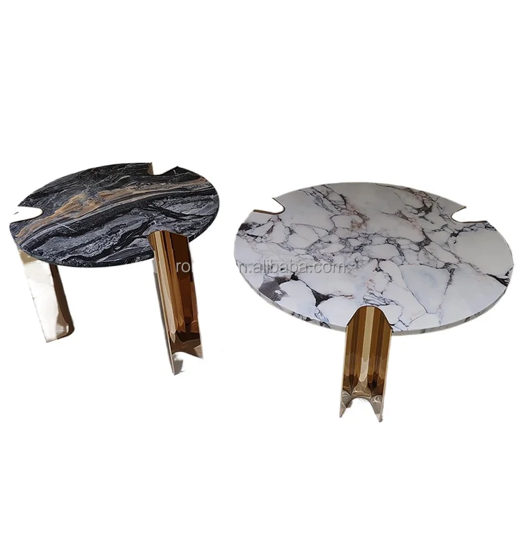 High-end design round coffee table set gold stainless steel marble living room center table set high and low side table