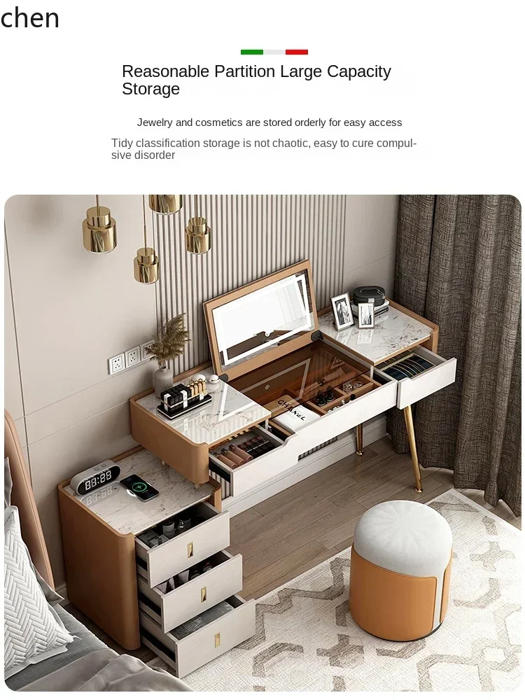 Light Luxury Stone Plate Flip Dressing Table Mirror with Light Desk Integrated