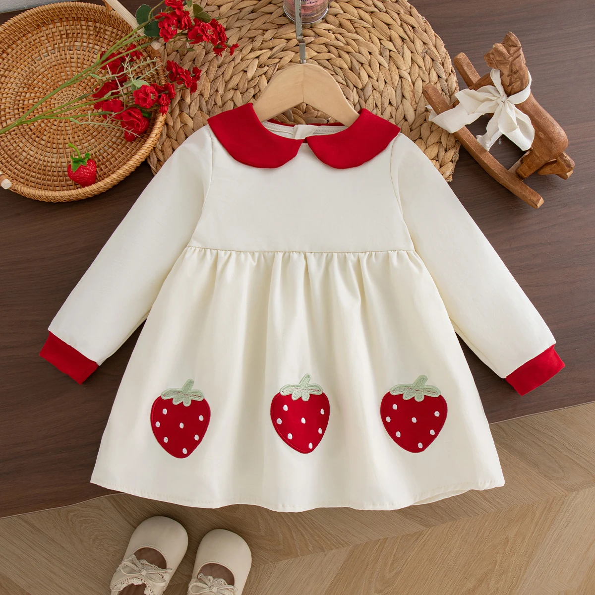 9 Months - 4 Years Old Autumn Long Sleeved Cotton Baby Girl Dress Korean Style Sweet Cute Cartoon Lapel Toddler Strawberry Dress