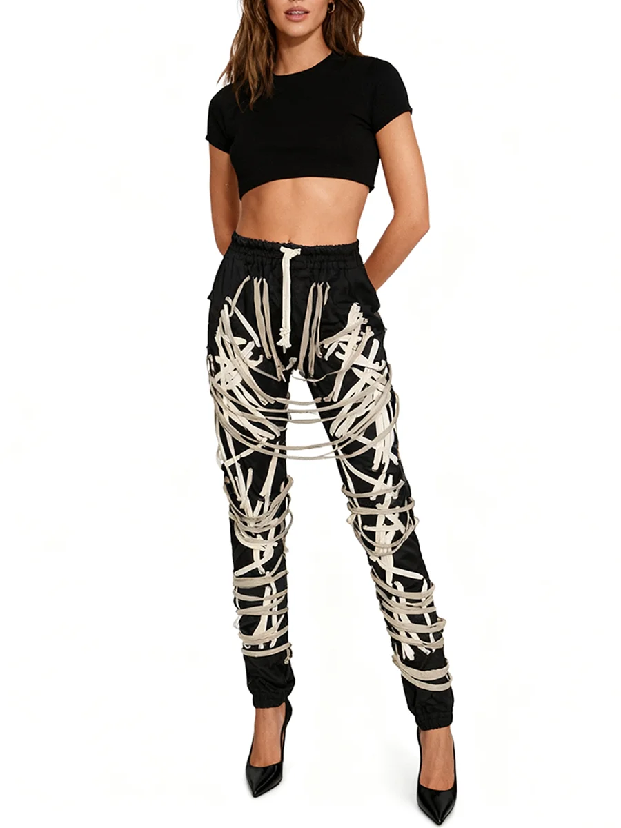 TWOTWINSTYLE Hit Color Spliced Strap Fashion Pants for Women High Waist Patchwork Lace Up Streeteear Pant Female Clothing New