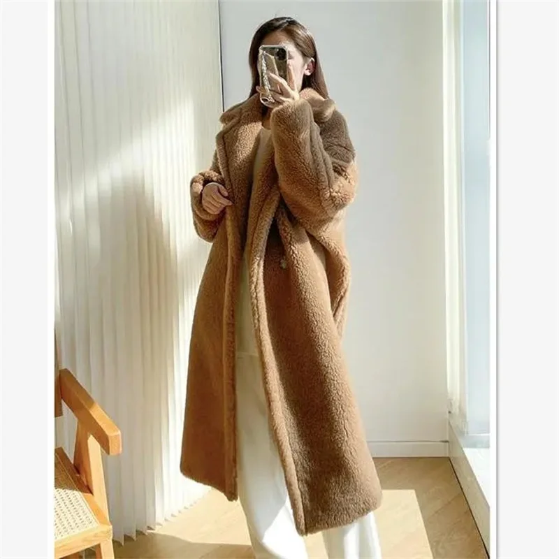 Lamb Wool Coat Women\'s 2023 Winter New Warm Teddy Bear Coat Long Loose Plus Cotton Thick Lazy Wool Coat Trendy Commuter Solid B4