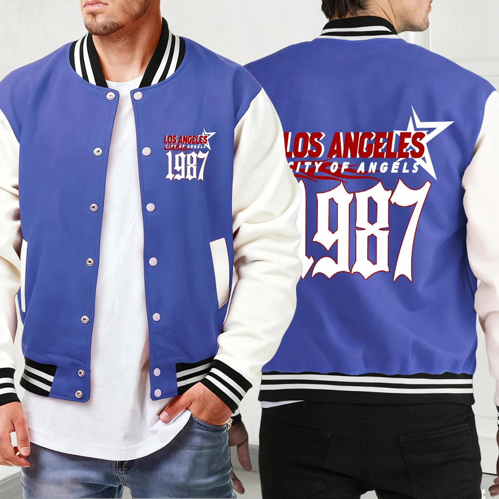 

City Of Angels 1987 Print Autumn Soft Jacket Men'S Sport High Street Baseball Uniform Vintage Loose Menswear Casual Pocket Veste