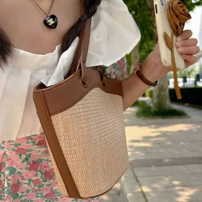 Bloom Vacation Woven Handbag Women Vintage Straw Bucket Bagutte Bag Purse Female Sea Holiday Summer Shoulder Bags 2025