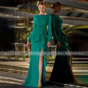 Vestido feminino de fenda alta plissado sem costas trompete formal, vestidos de noite sereia, vestido de casamento verde, mangas compridas, pescoço barco 6 principais vendas vestido aquamarine - №3