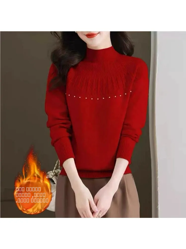 Suéter de Mujer con Cuello Medio Alto, For de Felpa, ueso, Ropa Interior, Estilo Nuevo de Otoño Invierno, Cseta Base...