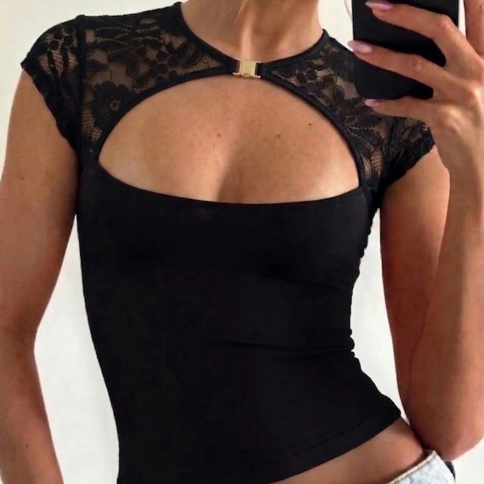 Sexy Front Hollow Tank Tops Women Lace Patchwork Cleavage See Through Skinny Stretch Trend Midnight Party Chic Clubwear