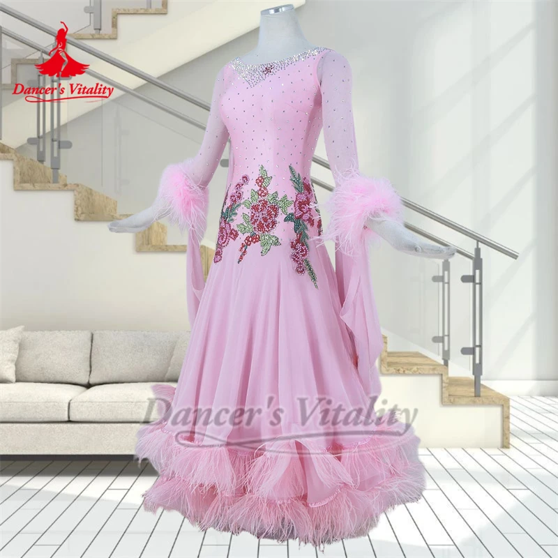 الكبار ريشة نمط الحاشية السفلية AB الأحجار قاعة الرقص فستان رقص الإناث الفالس Quickstep الملابس الفاخرة مخصص راقصة حيوية #4