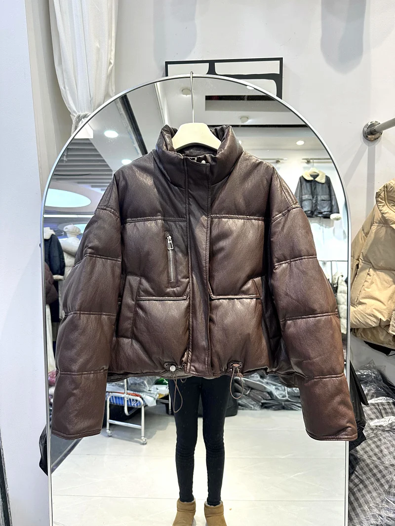 

Winter 2025 Women's Thiened ort PU Leather Jaet down Coat Stand Collar Warm Windproof Korean Sle Faionable Outerwear