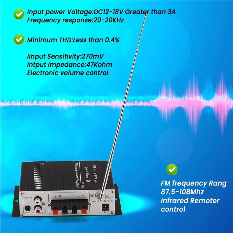 0Z-12V Digital Audio Power Amplifier Bluetooth 5.0 HIFI Treble And Bass Audio AMP 20Wx2 For Home Theater Club Car Party