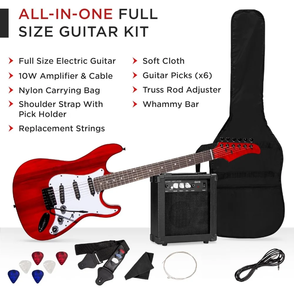 39in Full Size Beginner Electric Guitar Starter Kit w/Case, Strap, 10W Amp, Strings, Pick, Tremolo Bar - Cherry Red Freight free