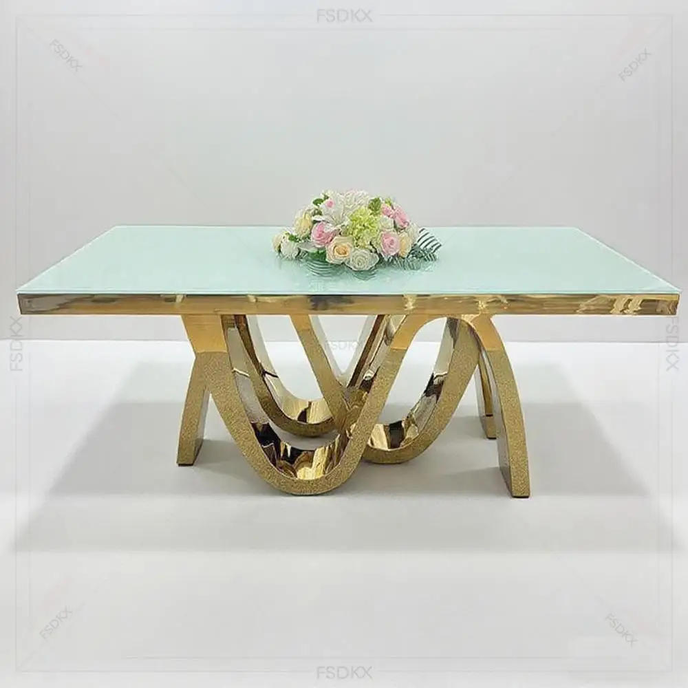 FSDKX Popular Design, High-quality Stainless Steel Tempered Glass Tabletop Banquet Table for Wedding Party Decoration