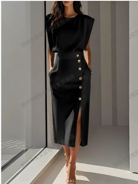 

Summer Fashion O Neck Split Women Dress Elegant Solid Slim Button Party Dress Casual Sleeveless High Waisted Office Lady Dresses