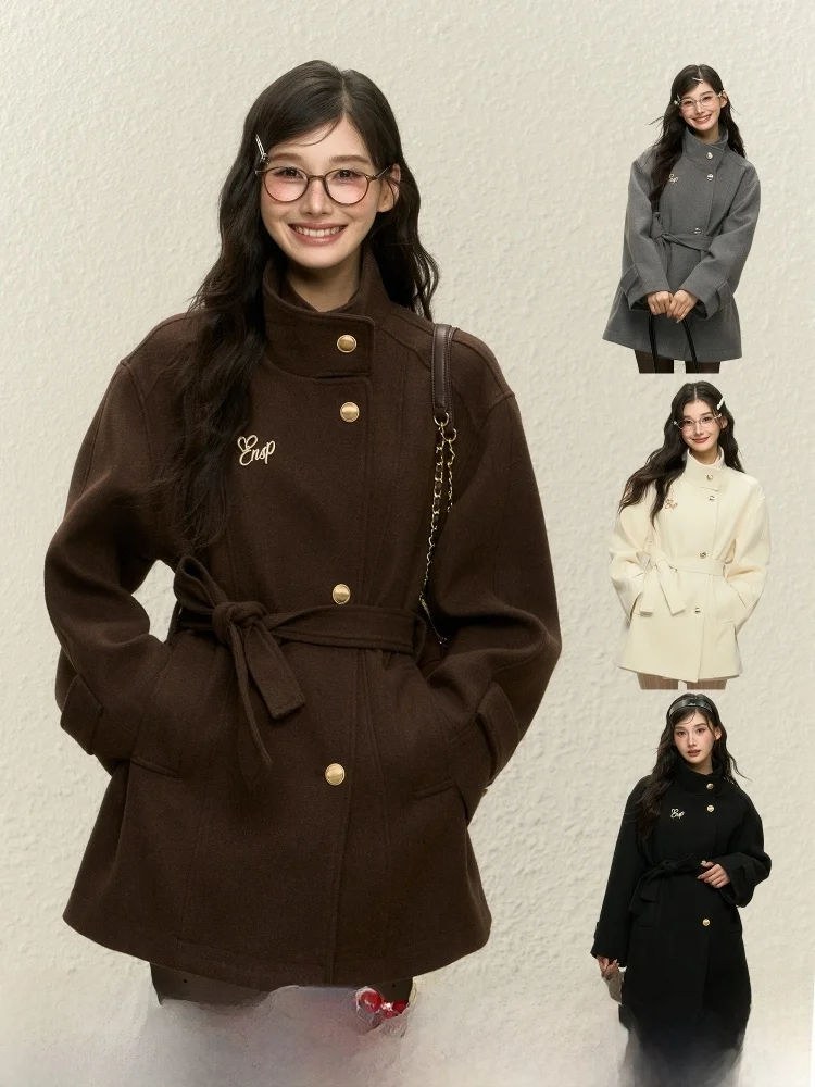 

ELEVEN SP Autumn Winter Brown Woolen Coat Women's Korean Sle down Inner Belted Woolen Outerwear Top Thiened Long Sve