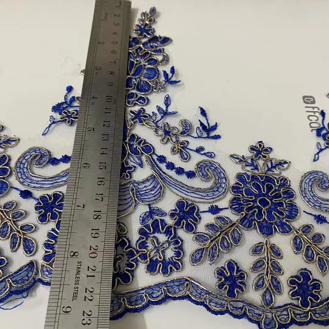 1Yard 23cm wide Blue Thread Gold Femur Embroidery Lace Dress Home Textile Cord Lace Dance Trims Clothes Children\'s Wear