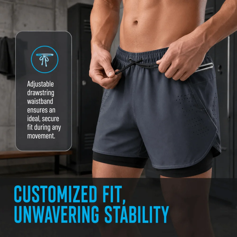 Compression Lining Sports Shorts with Liner Zipper Pocket Two Layers Design 2-in-1 Running Shorts Elastic Waistband Tight Liner