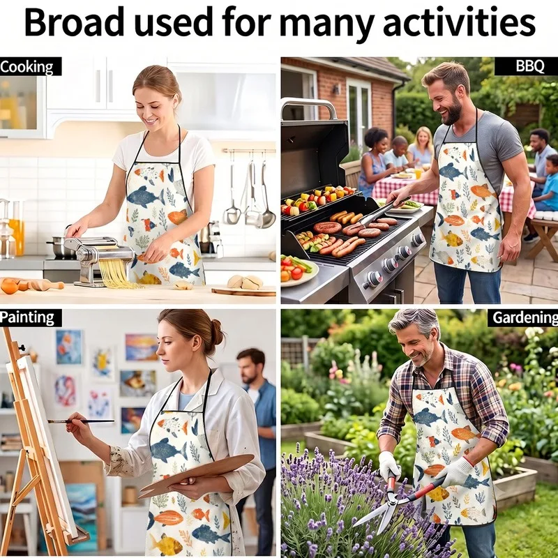 1PC【Apron】2DFlat effect，Watercolor ocean style colorful fish and aquatic plant print，Durable casual style，Suitable home kitc