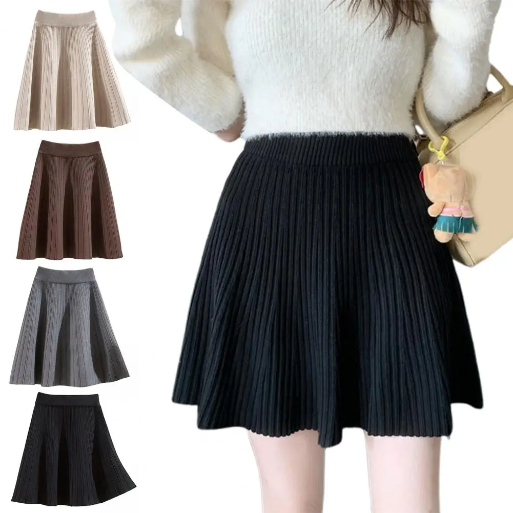 A-line Skirt High Waist Skater Skirt for Women A-line Mini Skirt with Hem Design Autumn Winter Solid Color Wear Breathable