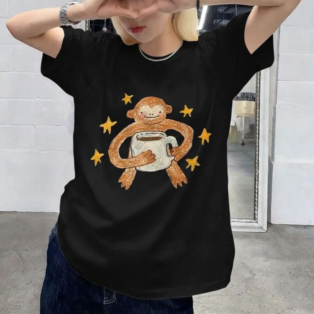 Cute Monkey Holding Mug Stars Graphic T-Shirt Women Summer Short Sleeve Cartoon Print Vintage Tops Female Casual Fashion Clothes