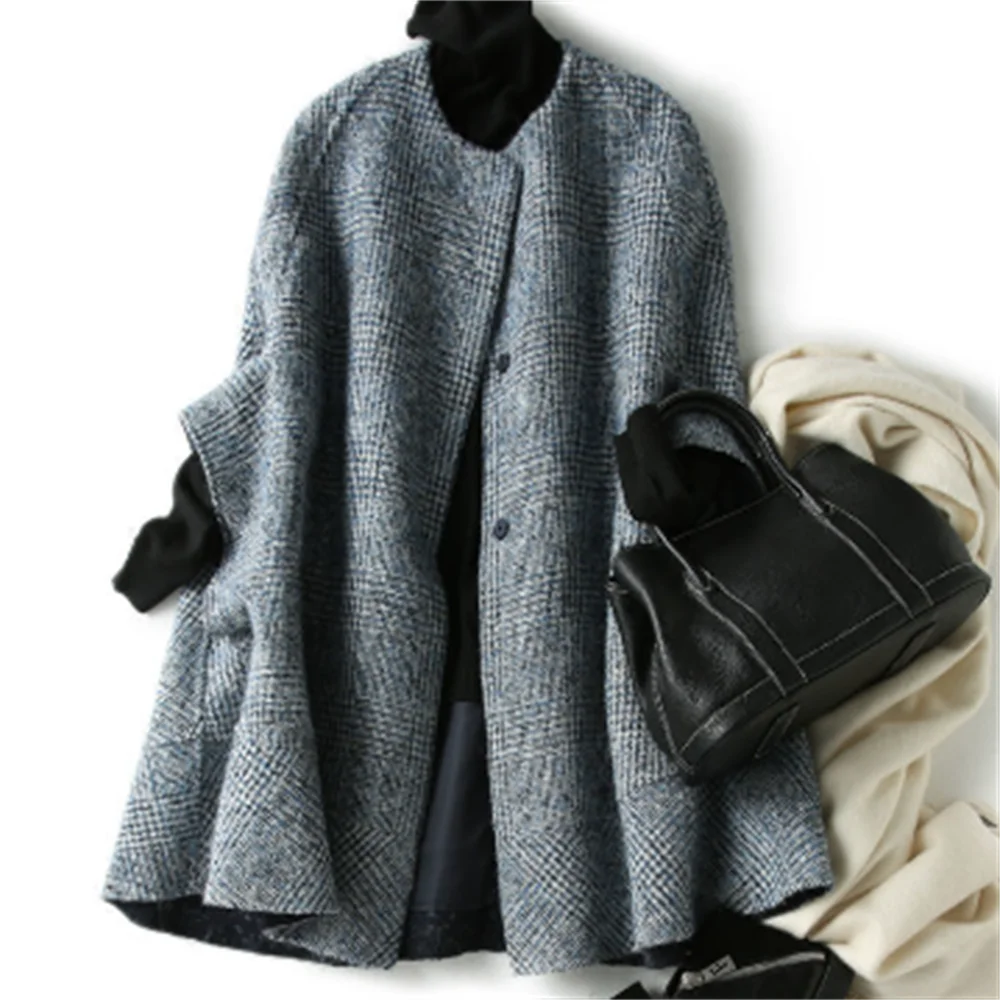 

Plaid fashion elegant woolen cloak coat winter casaco longo feminino loose size