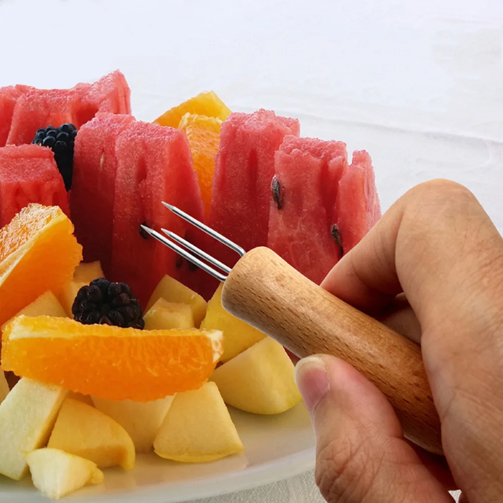 

6Pcs Stainless Steel Forks Wooden Handle Sturdy Bbq Grill Food Holders Fruit Forks Corn Grips Fruit Fork