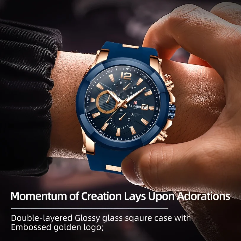 REWARD Rose Gold Blue Quartz Wristwatches Silicone Watch Strap with Box Luminous Hands Chronograph Watches Clock Man