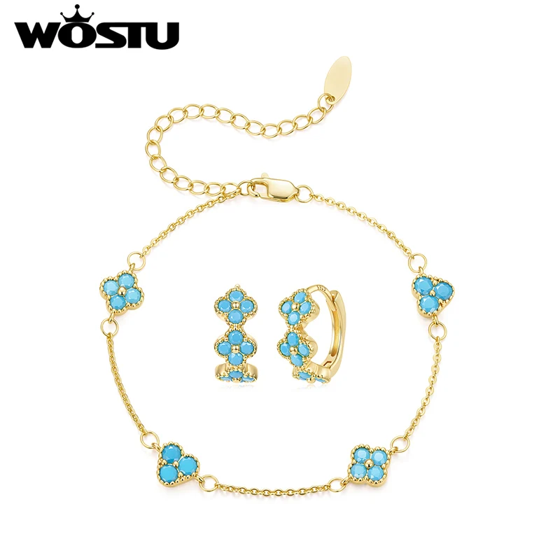 WOSTU Clover Turquoise Huggie Earrings Chain Bracelet For Women, 18K Gold Plated Lucky Clover Wedding Jewelry set Wholesale