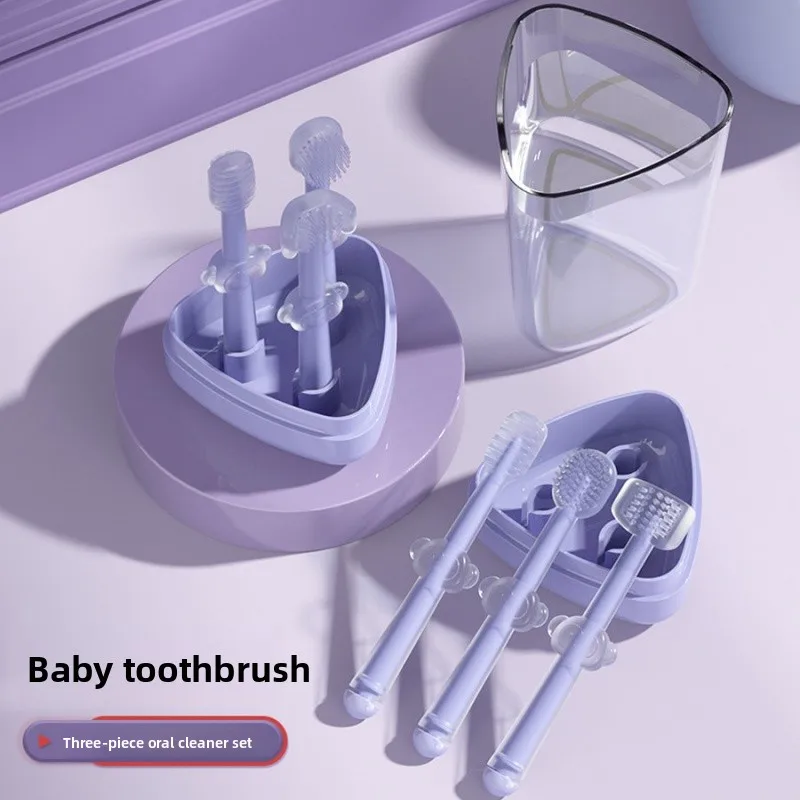 

Baby Teeth Silicone Toothbrush Newborn Tongue Coating Brush Oral Cleaning Three Piece Set With Mouthwash Cup