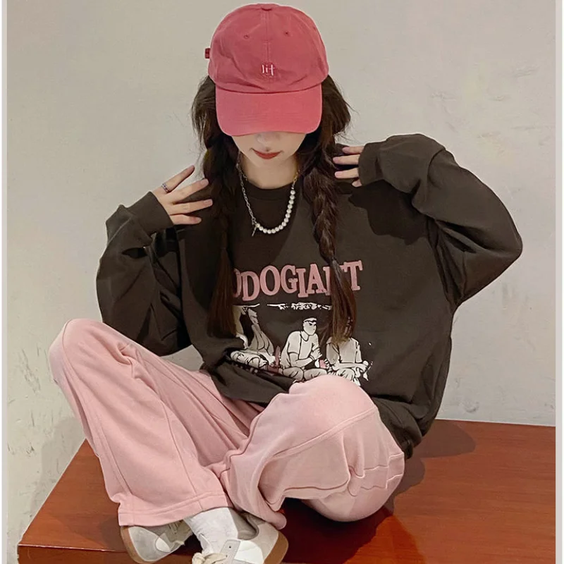

Korean Grey New Crew Baggy Sweatshirt Women Fleece Thicken Fashion Letter Printing Street Lazy Wind Long Sleeves Pullover Top