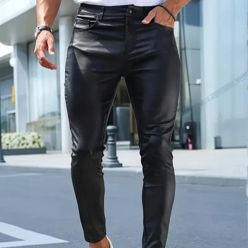 

2025 autumn men's PU leather, trendy locomotive, small pants, casual leather pants