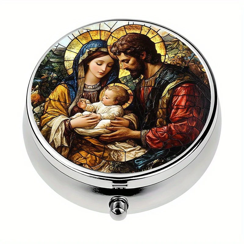 1 piece, portable travel pill box, contains 3 pill compartments, pill box with the theme of the birth of Jesus, portable decorative pill box, unique travel gift