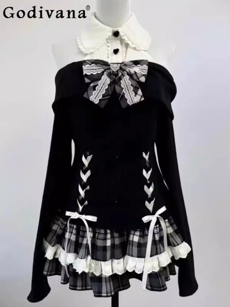

Spring Autumn Japanese Sweet Cool Bow Lace-up Long Sleeve Top Fashion High Waist A-line Age Reduction Plaid Short Skirt Sets
